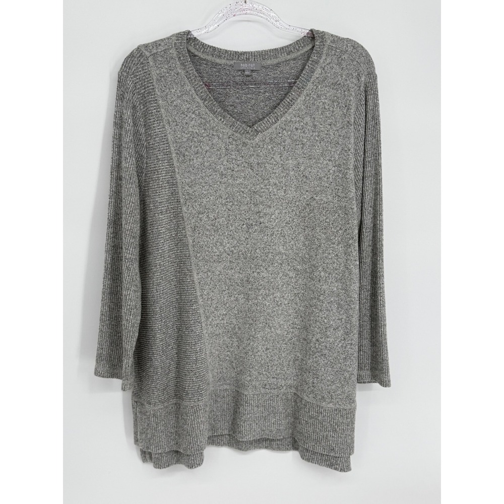 Habitat Grey Mixed Ribbed Knit V-Neck Tunic Sweater‎ Womens Long Sleeve Sz L